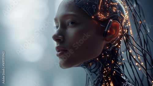 A woman with a head full of wires and glowing lights. The image conveys a futuristic and technological vibe, with the woman's appearance suggesting that she is a part of a machine or a robot