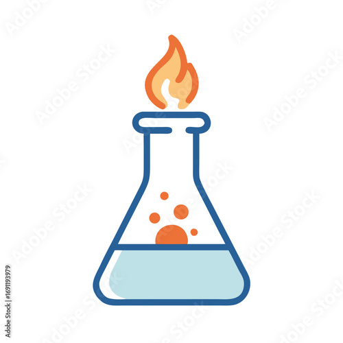 Illustration of a conical flask with a blue outline containing liquid and a flame on the top of it