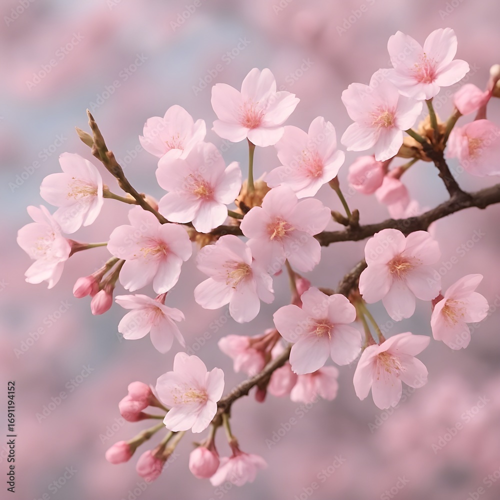 Obraz premium Cherry Blossom Branch in Full Bloom Against Soft Background