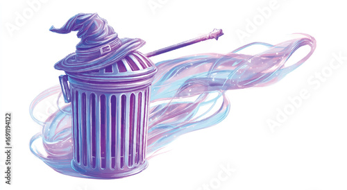 Magic trash can illustration with wizard hat and wand emitting dreamy swirls on white background