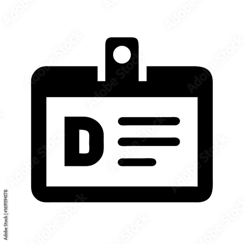 Illustration of a black and white identification badge with the letter d and three lines on it