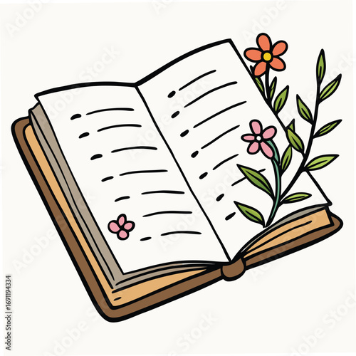 Open Book with Colorful Flowers and Green Leaves floral nature
