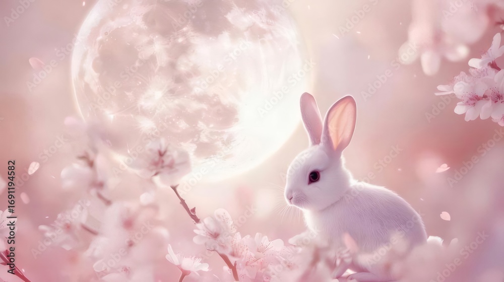 Obraz premium 白いウサギと薄紅色の桜の花が咲き満月の光が柔らかな背景に輝く春の夜