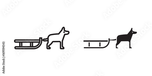 Dog Sled icon. Winter extreme sport, risky activity and adventure. Sleigh riding. Person dogsledding. Vector illustration with stroke and fill on a white background.