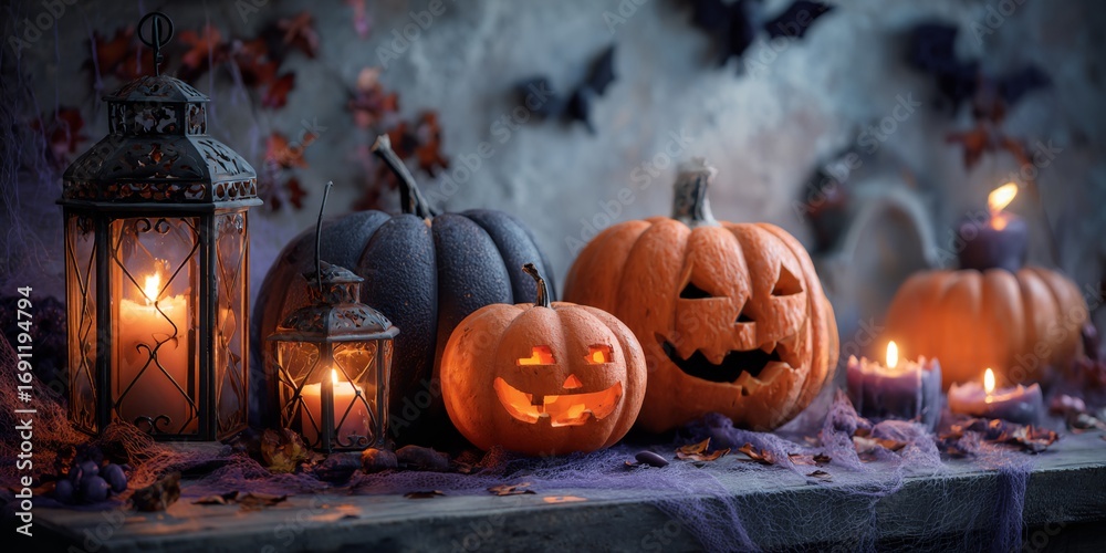 Obraz premium Table with candles and pumpkins on it