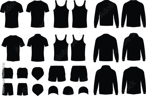 Black clothing silhouettes, apparel vector set, t-shirts, tank tops, hoodies, shorts, caps, and underwear, fashion design templates, versatile garment shapes