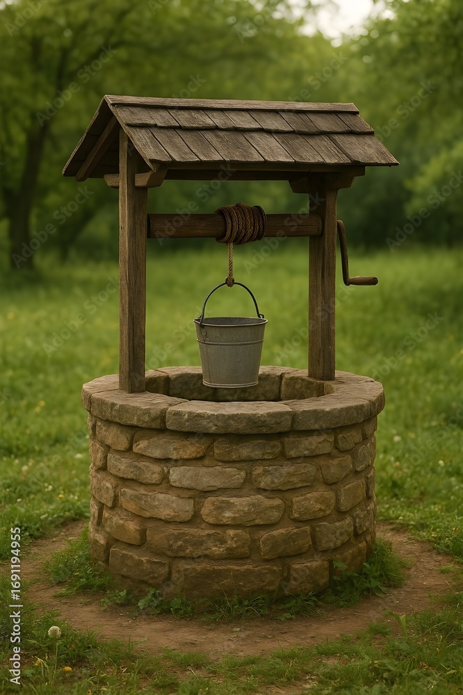 Fototapeta premium Old Stone Water Well with Wooden Roof and Bucket
