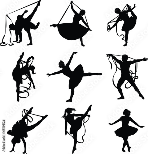 Silhouettes of ribbon dancers, expressive ballet and modern dance poses, female performers in motion, dynamic artistic figure collection