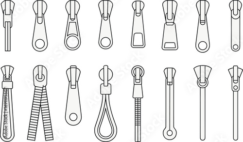 Zipper pull tab silhouettes, vector zipper parts, fashion accessory elements, sewing design components, clothing hardware, garment fasteners, zipper illustration set