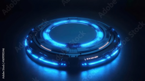 未来的青い光を放つ金属リングが浮かぶ暗い表面, 3Dレンダリング技術テーマ