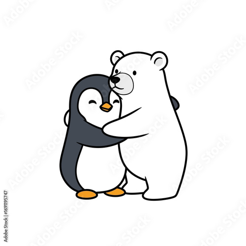 Cute Cartoon Polar Bear and Penguin Hugging