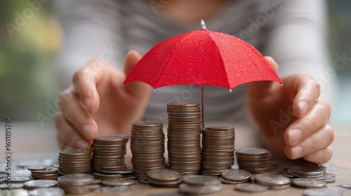 young woman hand holding small red umbrella over pile of coins on table close up of stack of coins with female hands holding umbrella for protection financial safety and investment concept   no logos