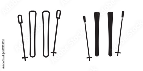 Skis icon .poles and snowboard symbol . Vector illustration with stroke and fill on a white background.
