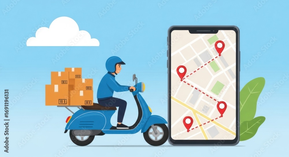 Obraz premium Delivery Driver Navigating City Using Mobile App with GPS Tracking