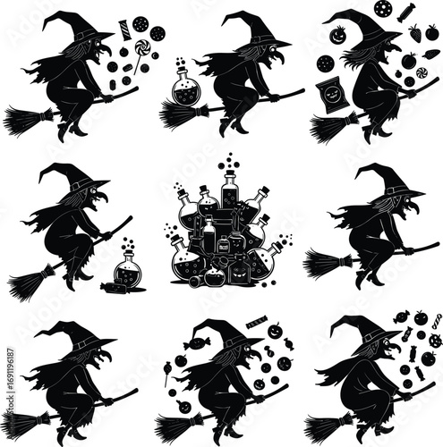 Silhouettes of witches flying on broomsticks with potions, spells, candy, and magical ingredients in various poses