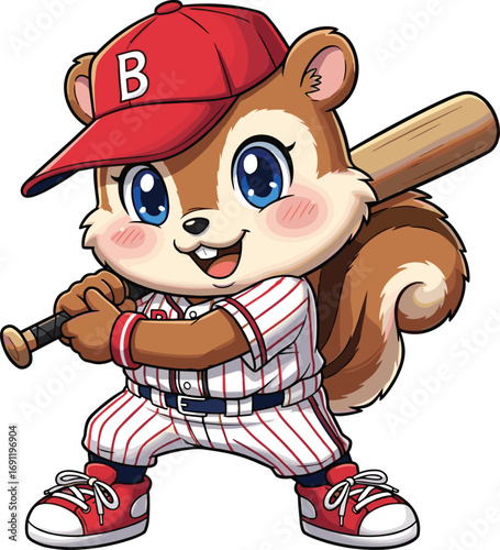 Cartoon chipmunk in baseball uniform, holding bat, sports mascot character, flat vector, cad drawing, stock image, playful theme