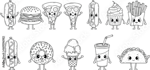 Cartoon fast food characters, anthropomorphic snacks with cheerful expressions, flat vector, cad drawing, stock image, playful kids theme