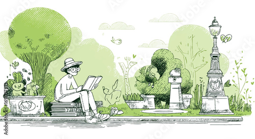 Man Reading Book in Green Park Surrounded by Trees Lamp Post and Cartoon Animals Illustration