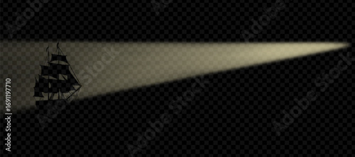 Silhouette of a sailing ship in the light of a lighthouse searchlight on a transparent background. Vector illustration.