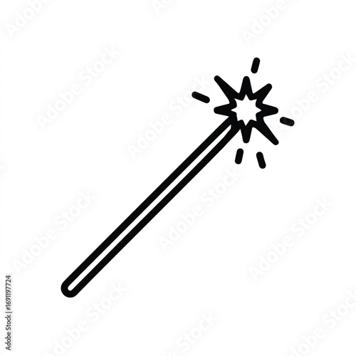 Minimalist black and white line art illustration of a magical wand casting sparkles for spellcasting