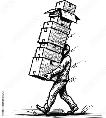Overburdened person sketch, carrying unstable boxes, stress concept, black and white illustration, cad drawing, flat vector, stock image