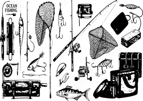 Hand Drawn Ocean Fishing Set Illustration in Vintage Style Collection
