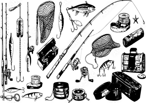 Hand Drawn Ocean Fishing Set Illustration in Vintage Style Collection
