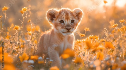 Lion Cub Standing Amidst Yellow Flowers in a Warm Golden Sunset Light Nature Scene