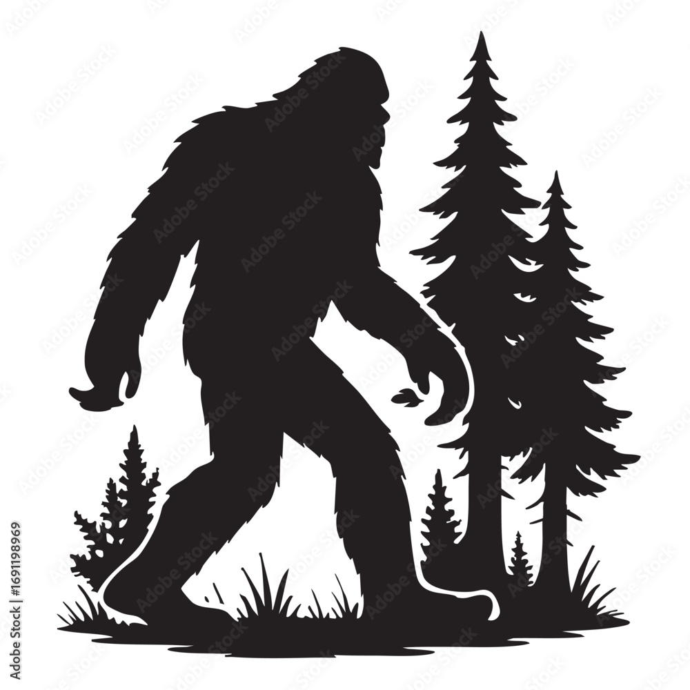 Fototapeta premium Silhouette of a large hairy bigfoot creature walking through a dark evergreen forest at night