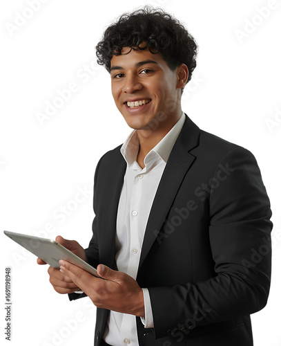 Smiling young entrepreneur using digital tablet for work and communication on black background