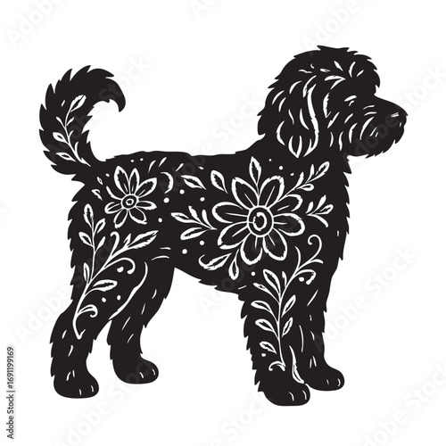 Artistic black silhouette of a curly haired dog adorned with intricate floral and botanical patterns