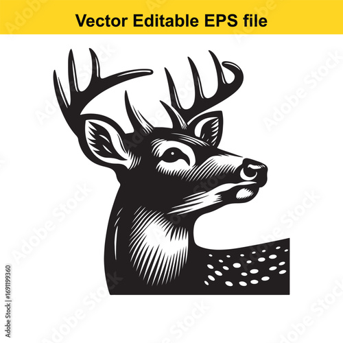 Black and white illustration of a deer head isolated on white background