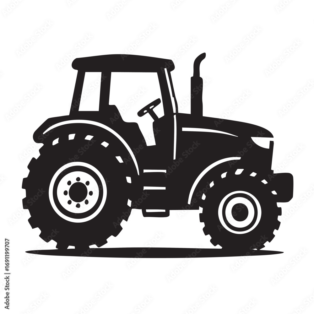 Obraz premium Silhouette of a modern agricultural tractor with large wheels and a cab isolated on white background