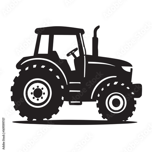 Silhouette of a modern agricultural tractor with large wheels and a cab isolated on white background
