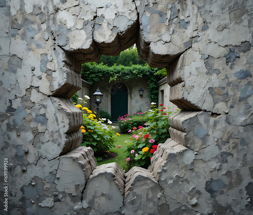 Cracked concrete wall reveals hidden oasis of greenery and flowers
