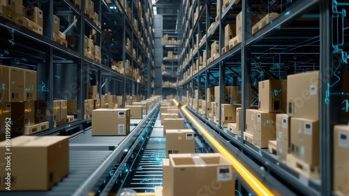 A warehouse with a conveyor belt and boxes on it. The conveyor belt is yellow and blue