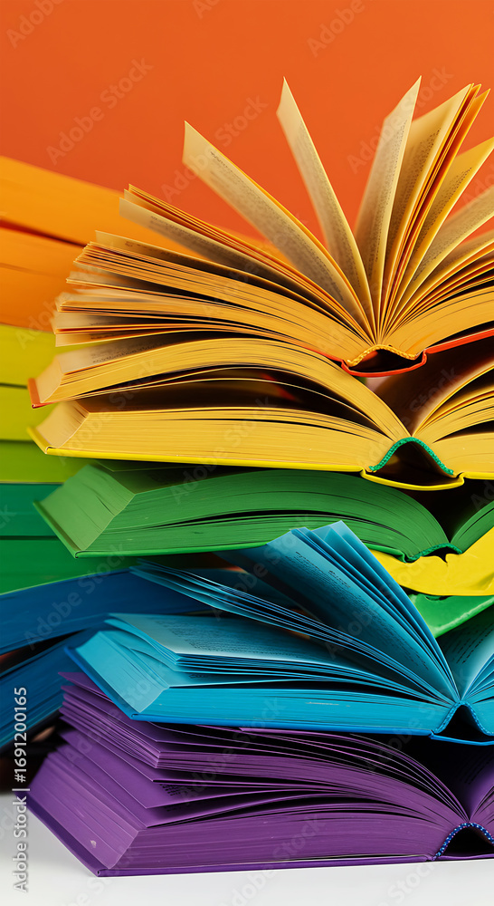 Naklejka premium Rainbow stack of open books inspiring creativity and knowledge