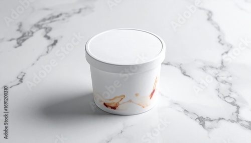 Pristine white cylindrical disposable food container with a secure lid, suitable for packaging various culinary delights like desserts or warm meals, elegantly placed on a classic marble surface