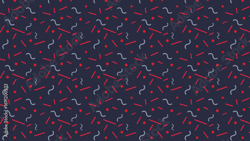 This bold pattern features playful squiggles and lines in vibrant red and soft gray against a deep navy background, creating a striking design perfect for modern decor and energetic projects.
