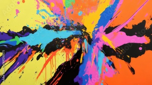 Abstract Splatter Paint Explosion with Vivid Blue Yellow Pink and Black Colorful Background