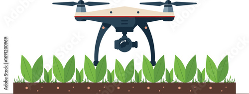 Illustration of a drone fertilizing plants in soil, modern technology, green colors, copy space