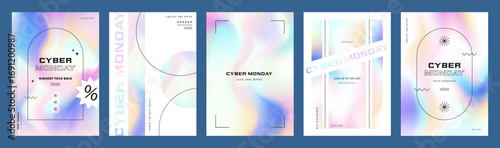 Versatile set of vertical templates for Cyber Monday, combining minimalist line art, geometric shapes and soft holographic gradients.  Perfect for creating harmonious social media stories, brochure