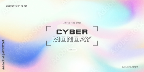 Futuristic web banner for Cyber Monday, featuring a soft, holographic mesh gradient background with a grainy texture. This minimalist design is ideal for a modern tech sale or an ethereal website