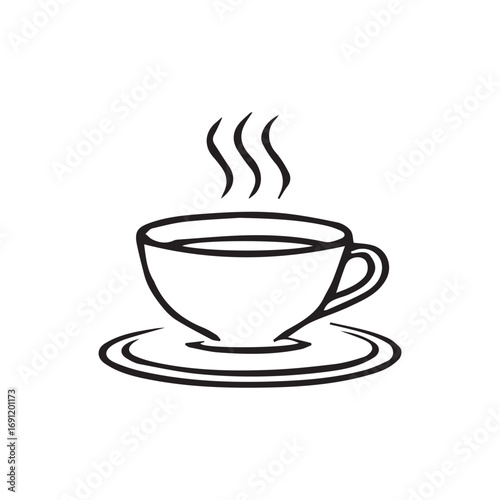 A steaming hot cup of coffee with a vector illustration of a tea cup icon on a saucer