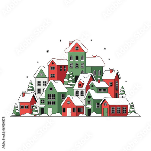 Festive Winter Village Scene with Snow-Covered Houses