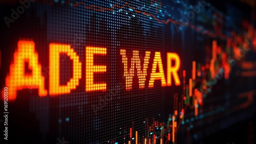 Trade war is the concept of this image. The image is a large screen with a bright orange word that says trade war. The image has a serious and intense mood