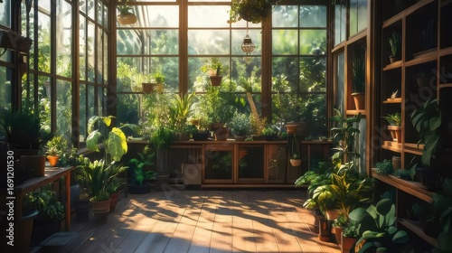Vibrant Interior of a Sunlit Greenhouse with Lush Green Plants in Pots and Natural Wood Shelves