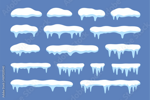 Snow ice vector winter frame effect frozen illustration. Icicle cold frozen frost ice snow cap set.