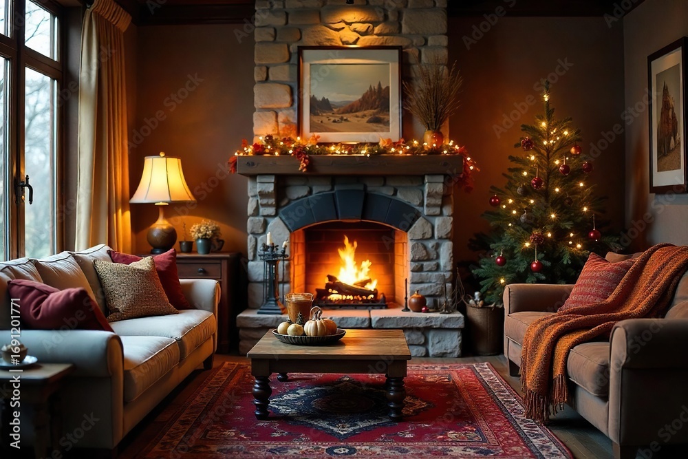 Fototapeta premium Cozy living room with warm fireplace glowing, soft blankets draped over furniture, creating a relaxed and inviting atmosphere Perfect for autumn or winter themes , glowing, warmth, comfort