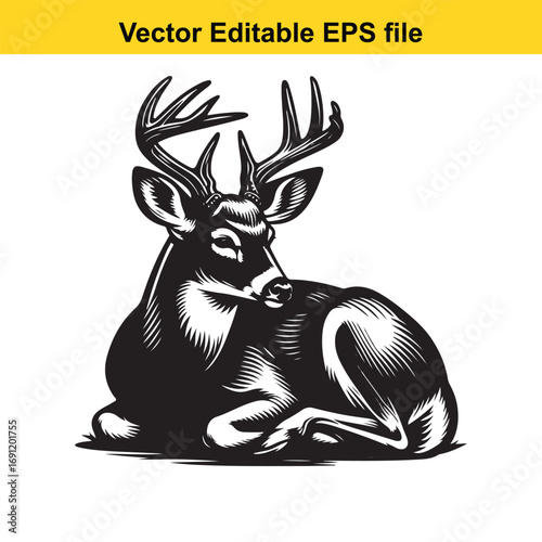 Black and white illustration of a deer lying down isolated on white background